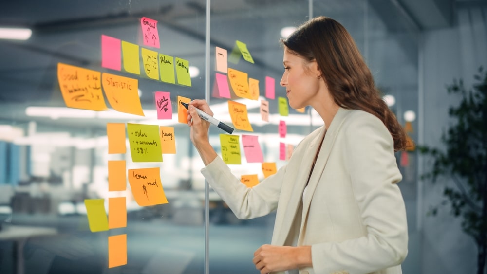 Young,Confident,Businesswoman,Creating,Project,Plan,On,Office,Wall,With